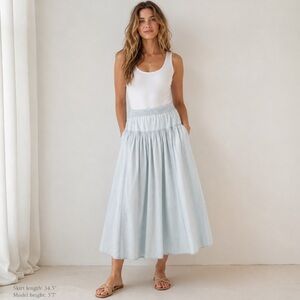 Jones New York Sport Light Blue Cotton Midi Skirt Gathered Waist Full Pleated M